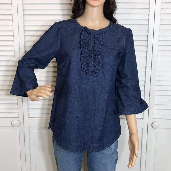 Draper James Ruffle Placket Chambray Blue Top XS - Picture 4 of 15
